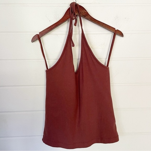 Old Navy Tops - Old Navy Ribbed Brown Sleeveless Halter Top with Built-in Shelf Bra Size XL
